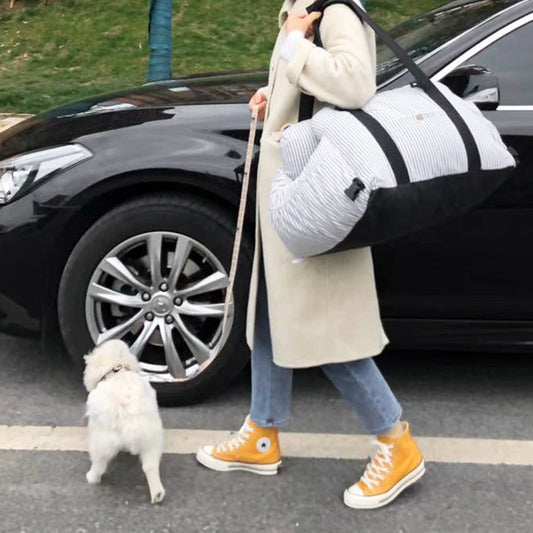Person with a dog by a car, wearing a beige coat and orange sneakers.