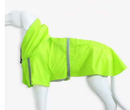 Bright green raincoat with reflective stripes on a mannequin against a white background