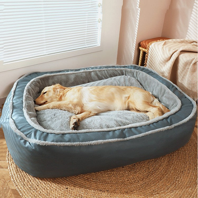 Dog lying on a large gray pet bed in a cozy room with a window and curtains.