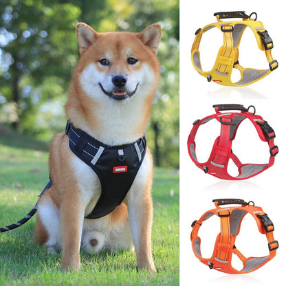 Dog wearing a black harness with three additional color options displayed below.