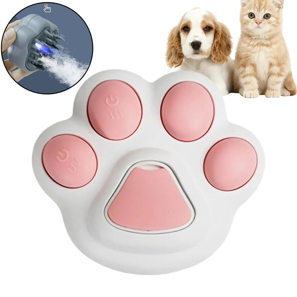 Pet grooming tool shaped like a paw with pink pads, featuring a close-up inset of the tool in use.
