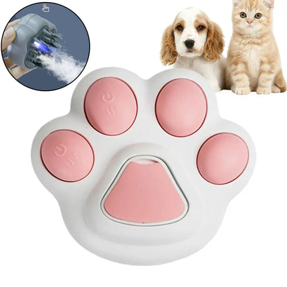 Pet grooming tool shaped like a paw with pink pads, featuring a close-up inset of the tool in use.