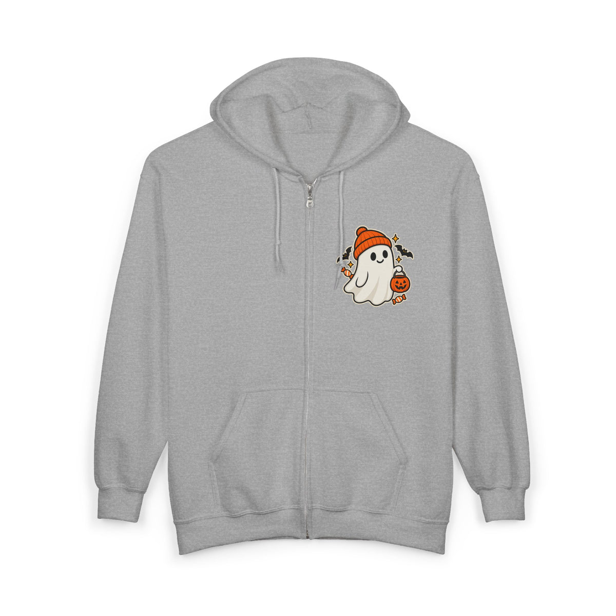 Black unisex Halloween zip-up hoodie with a trick-or-treat ghost design on the left chest