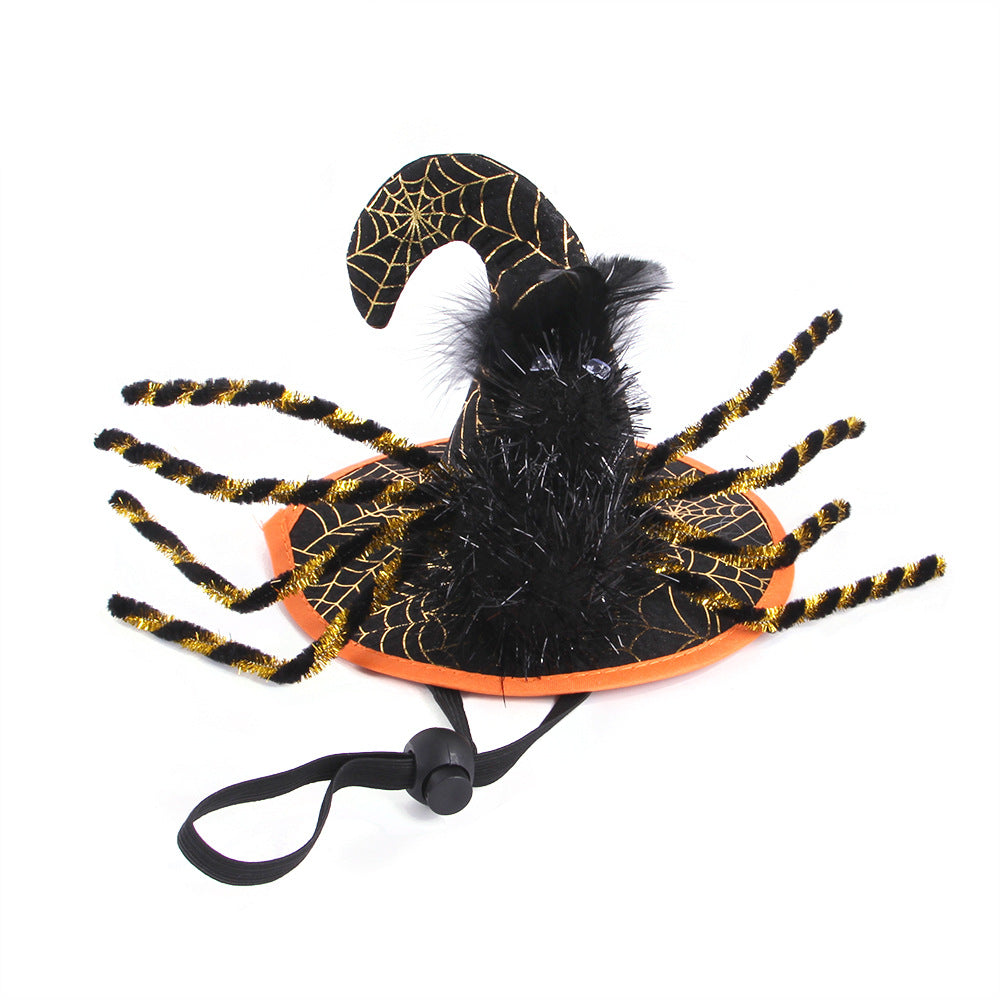 Halloween-themed cat toy with black feathers and orange base on a white background