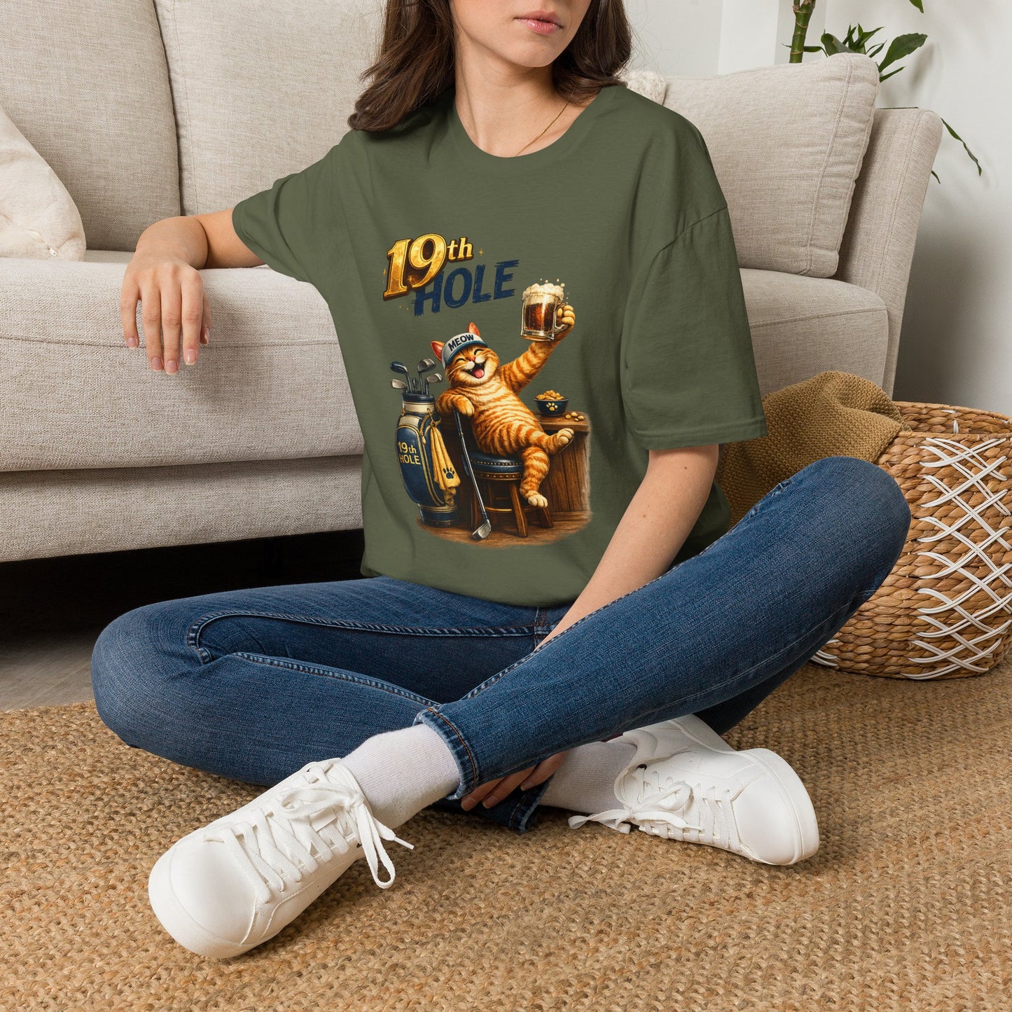 19th Hole funny cat golf T-shirt in military green with orange tabby golfer
