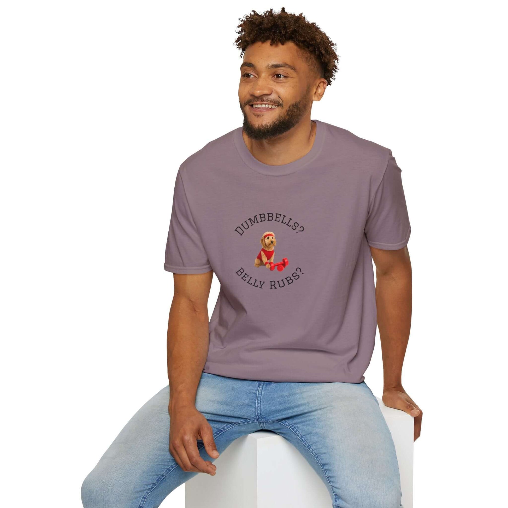 Goldendoodle Dog Lover Workout Tee – “Belly Rubs or Dumbbells?” featuring a man wearing a humorous pet-themed shirt.