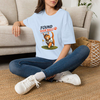 Found Your Ball funny cat golf T-shirt with orange tabby carrying a golf ball- light blue