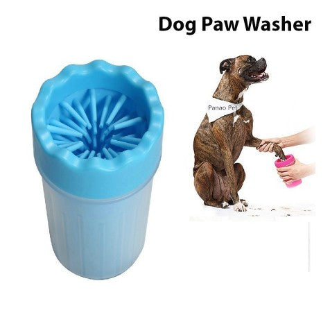 Dog paw washer with a dog being washed and a person holding a pink bottle.