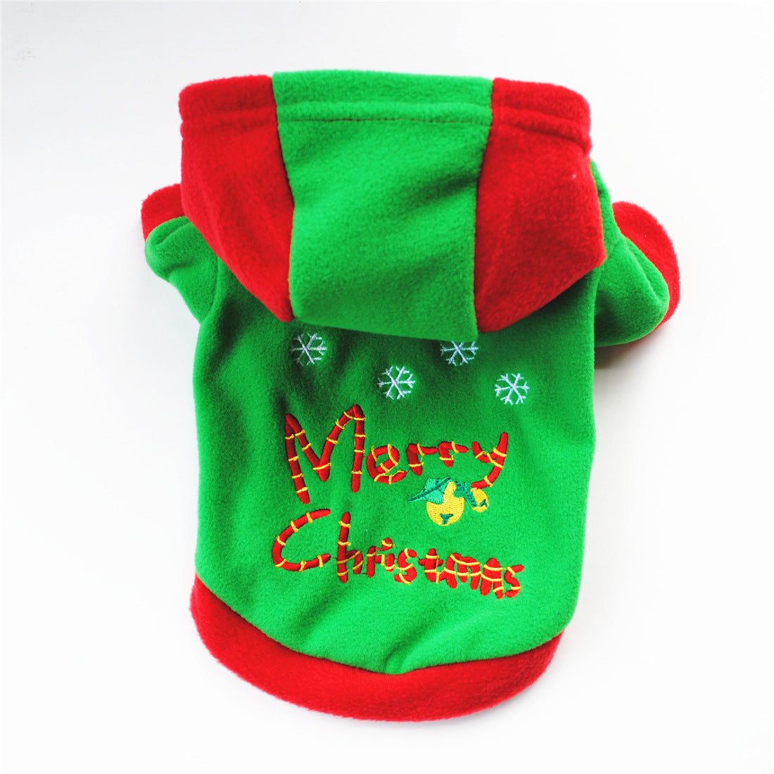 Green & Red Christmas fleece pet costume with Merry Christmas  design, shown from the  back 