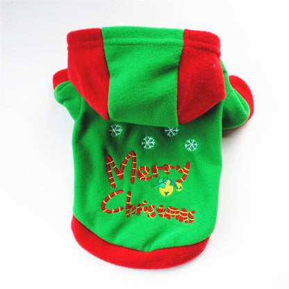 Green & Red Christmas fleece pet costume with Merry Christmas  design, shown from the  back 