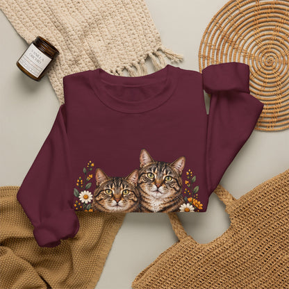 Maroon cat lover sweatshirt with two tabby cats and orange and white flowers