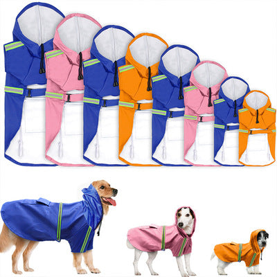 Set of dog raincoats in various colors with a small dog wearing a pink raincoat.
