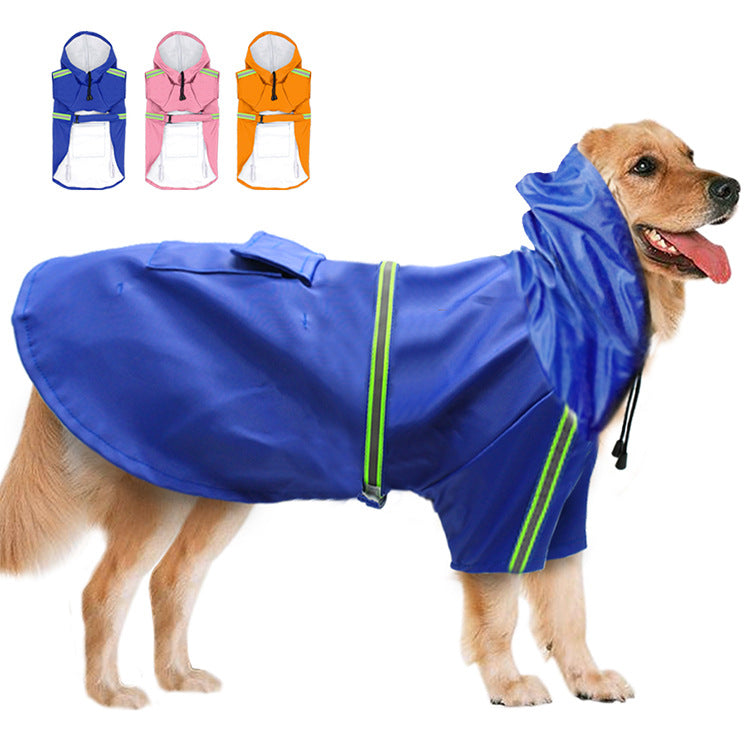 Dog wearing a blue raincoat with three additional raincoats in different colors displayed above.
