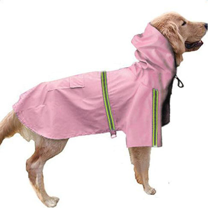 Dog wearing a pink raincoat with reflective stripes on a white background