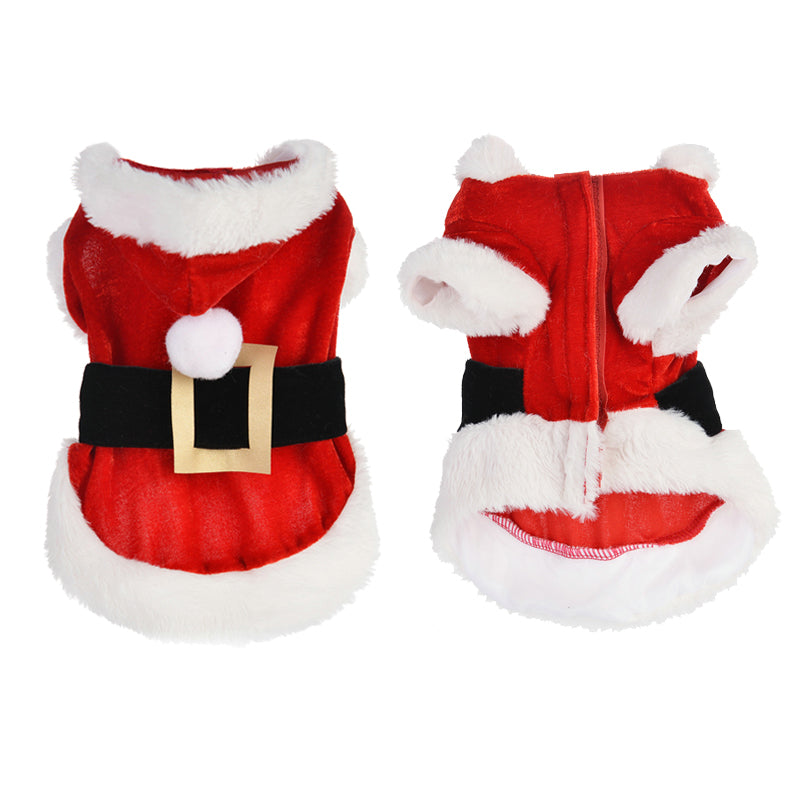 Two views of a red Santa dog costume with white trim and a decorative black belt