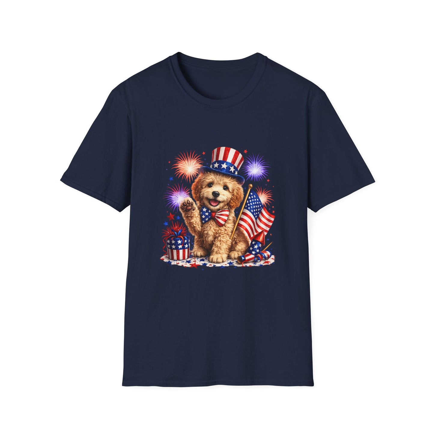 Navy blue t-shirt with a dog holding an American flag and fireworks design on a white background