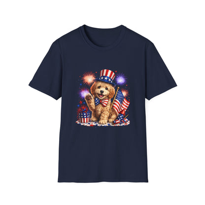 Navy blue t-shirt with a dog holding an American flag and fireworks design on a white background