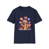 Navy blue t-shirt with a dog holding an American flag and fireworks design on a white background