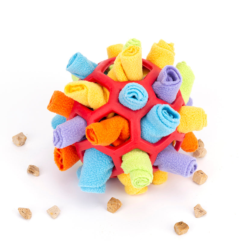 Colorful dog toy with textured surface on a white background
