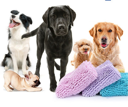 Five dogs of different breeds sitting around three chenille pet blankets on a white background.