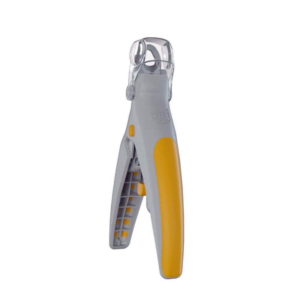 Pet nail clipper with yellow and gray design on a white background