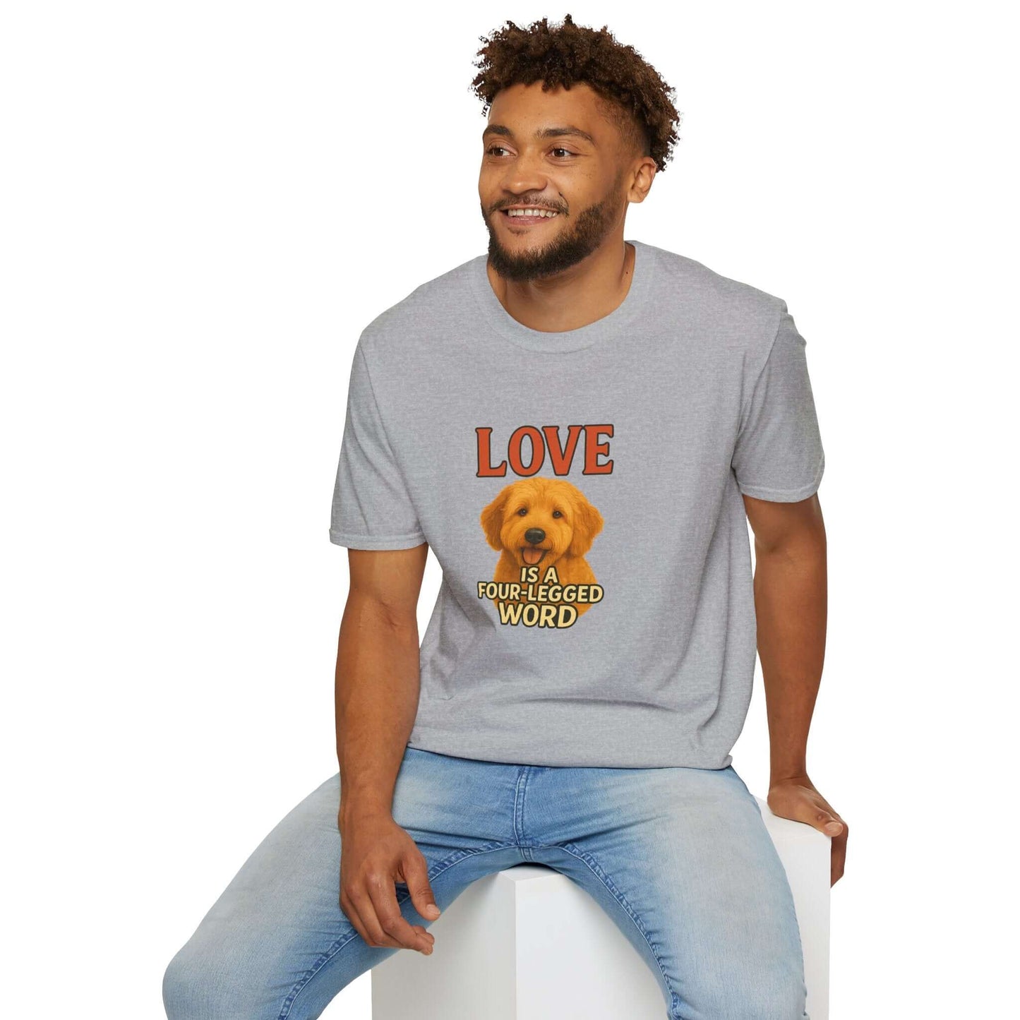 Goldendoodle Tee: "Love Is a Four-Legged Word" for dog lovers, perfect pet supplies and accessories.
