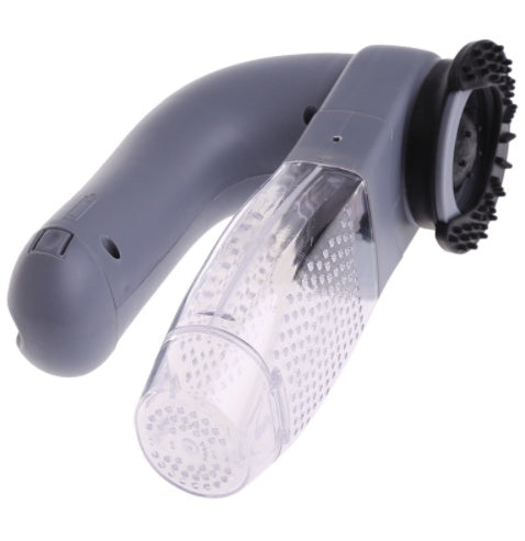 Handheld cleaning tool with gray handle and clear nozzle on a white background