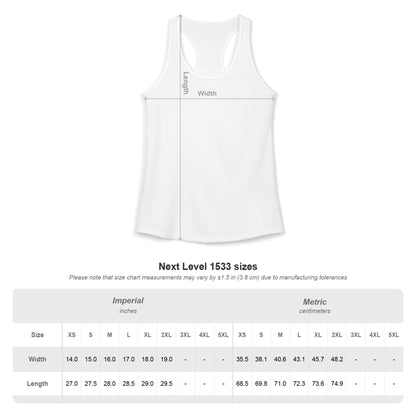 White tank top with measurement lines and size chart on a white background