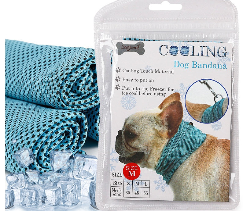 Cooling dog bandana with packaging showing a dog wearing the bandana and ice cubes.
