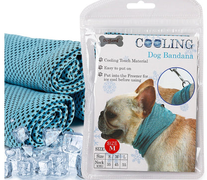 Cooling dog bandana with packaging showing a dog wearing the bandana and ice cubes.