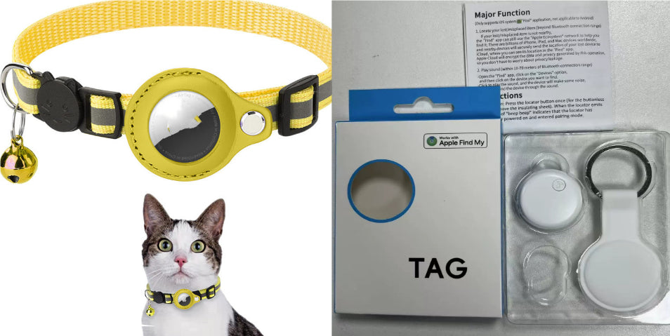 Yellow Reflective Waterproof AirTag Collar and key chain for Cats & Dogs and cat wearing the collar