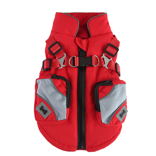 Red dog life jacket with gray accents on a white background