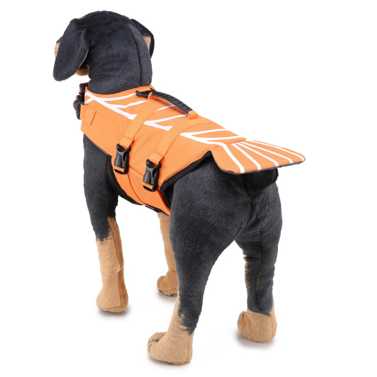 Dog wearing an orange life jacket with black accents on a white background