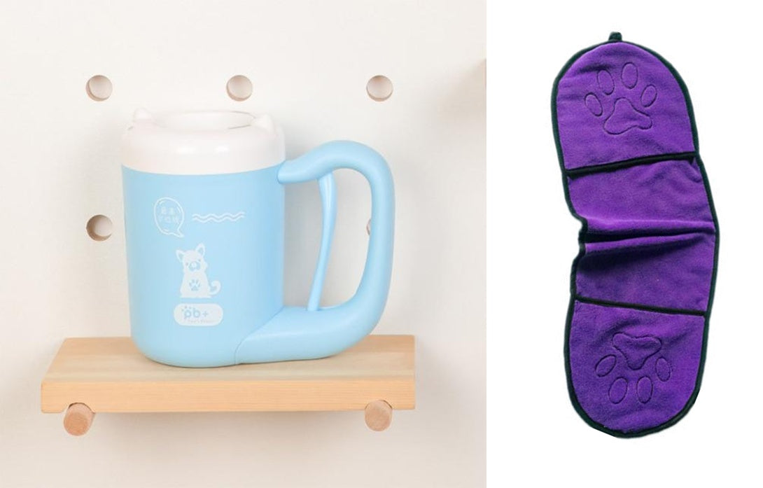 Blue mug on a wooden shelf with a purple paw-patterned product next to it.