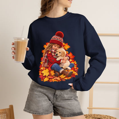 Woman holding a drink navy wearing the white Golden Moments girl and puppy fall sweatshirt