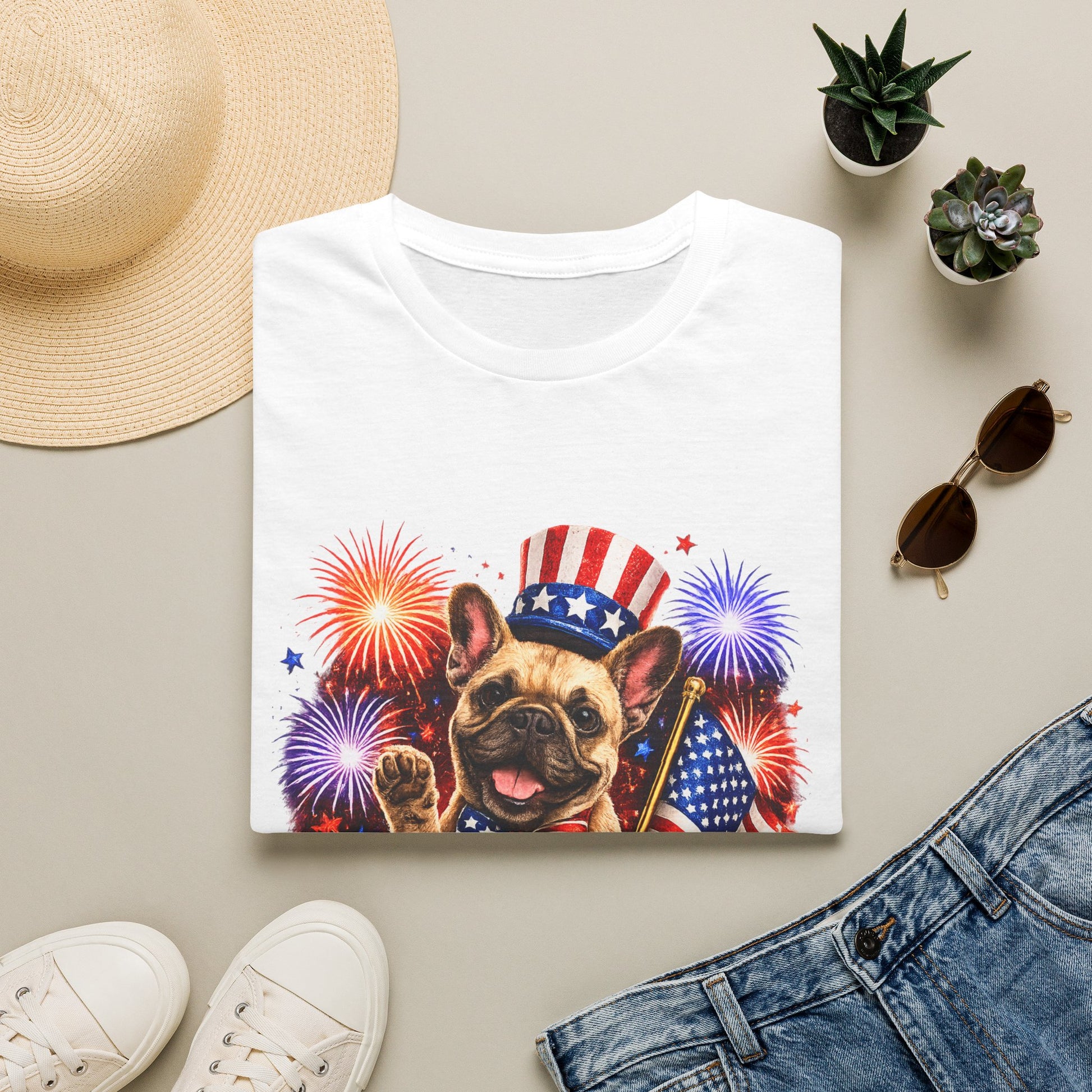White t-shirt with a dog wearing an American flag hat and fireworks design, surrounded by a hat, sunglasses, shoes, and plants on a beige surface.