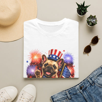 White t-shirt with a dog wearing an American flag hat and fireworks design, surrounded by a hat, sunglasses, shoes, and plants on a beige surface.