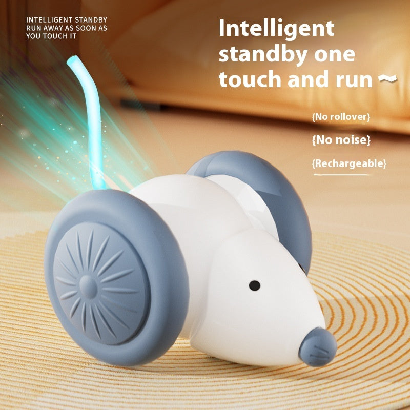 Toy vehicle shaped like a dog with wheels on a wooden surface, featuring text about its intelligent standby features.