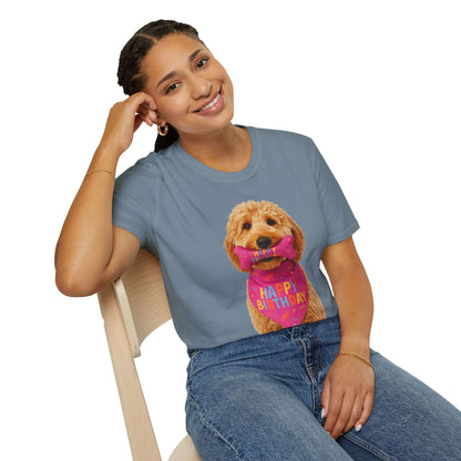 Birthday Dog T-Shirt featuring a happy doodle pup with a bone-shaped gift, perfect for pets' birthday celebrations.