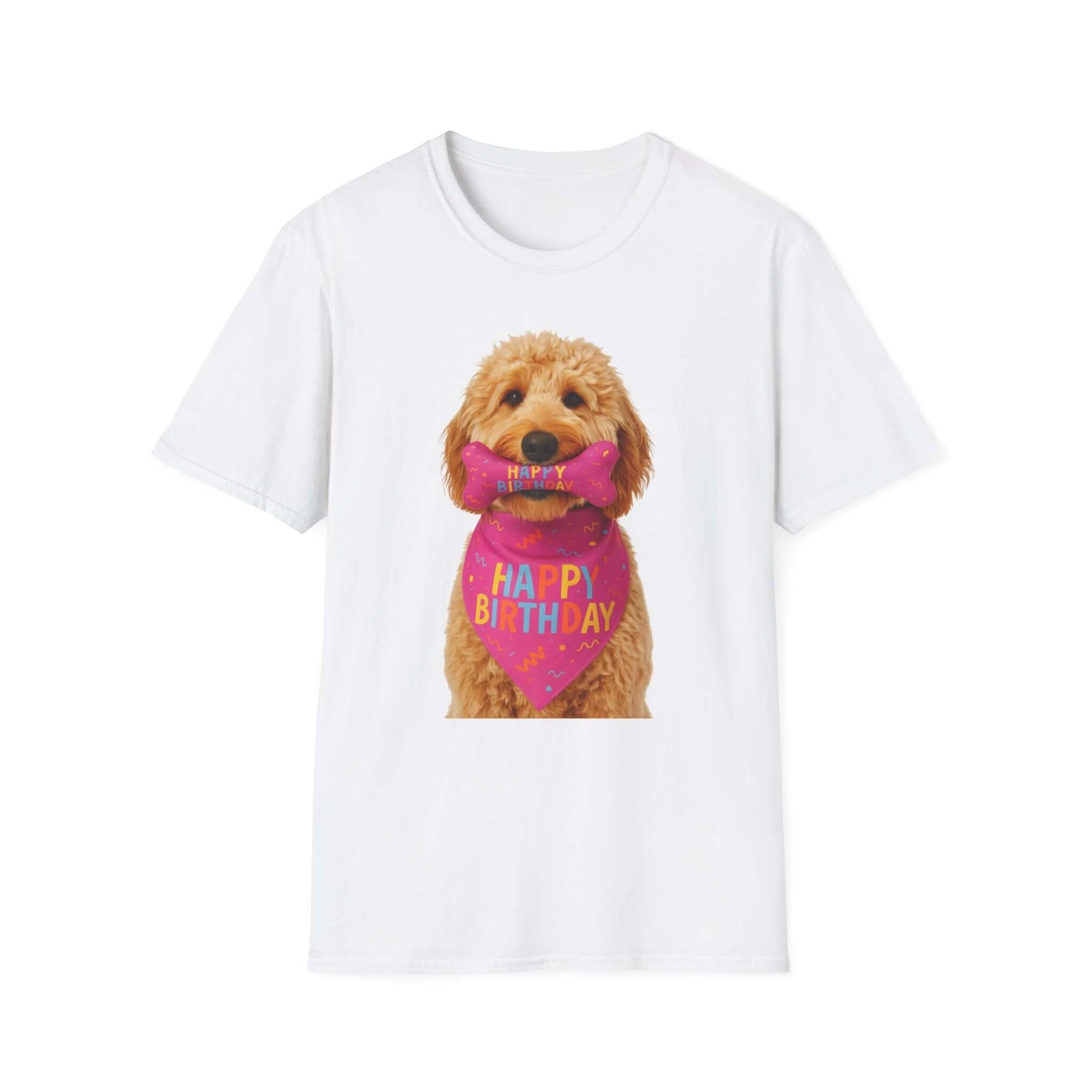 Birthday Dog T-Shirt featuring a playful doodle pup with a birthday bandana, perfect for dogs celebrating their special day.