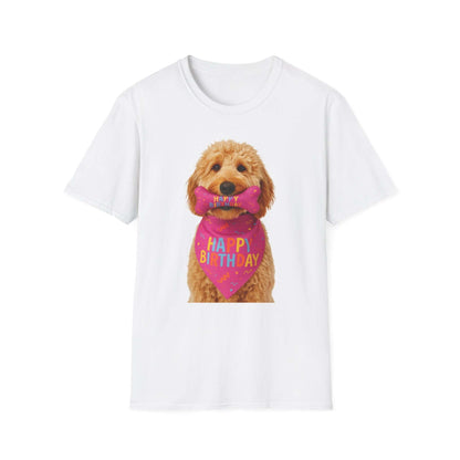 Birthday Dog T-Shirt featuring a playful doodle pup with a birthday bandana, perfect for dogs celebrating their special day.