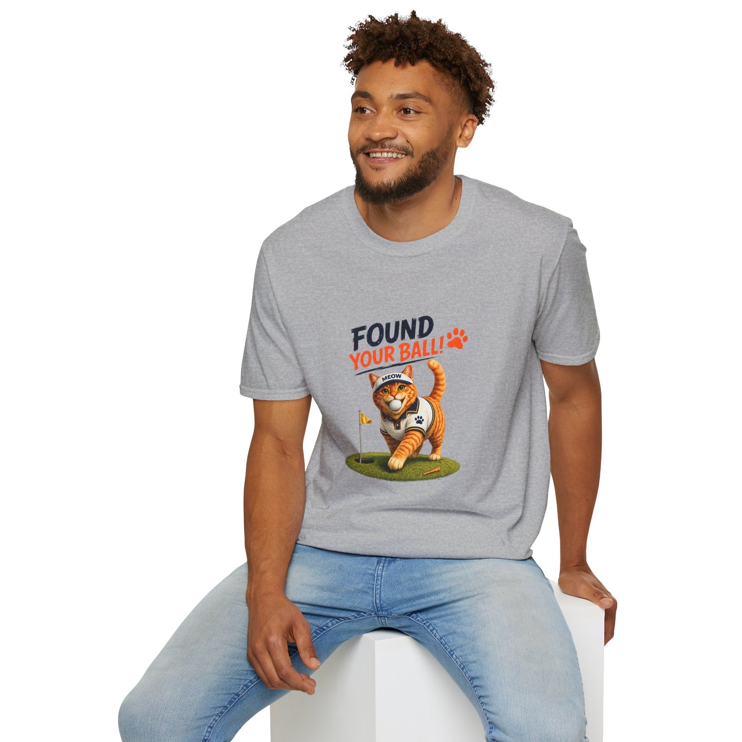 Found Your Ball funny cat golf T-shirt with orange tabby carrying a golf ball - sport grey