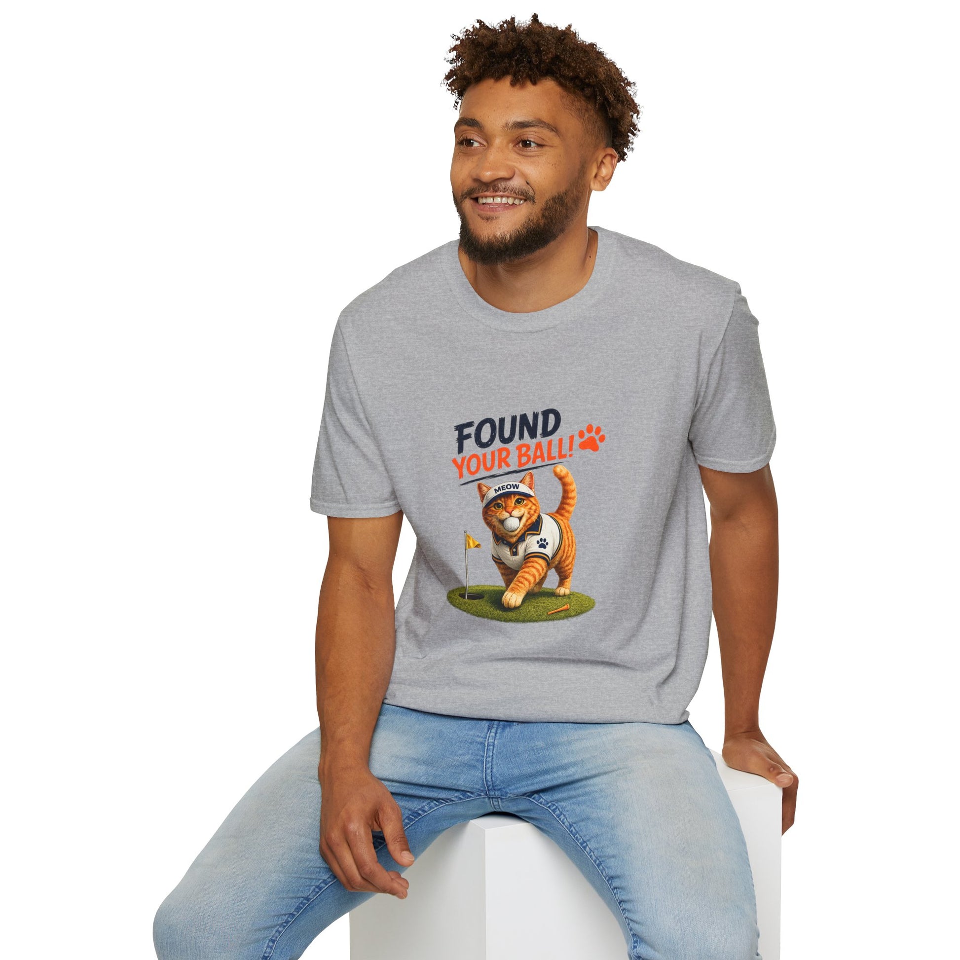 Found Your Ball funny cat golf T-shirt with orange tabby carrying a golf ball - sport grey