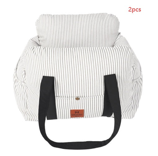 White striped bag with black straps on a white background