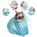 Cat in a blue mesh bag with close-up insets showing the product in use.