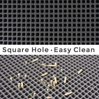 Textured surface with square holes and scattered cylindrical objects, labeled 'Square Hole · Easy Clean'.