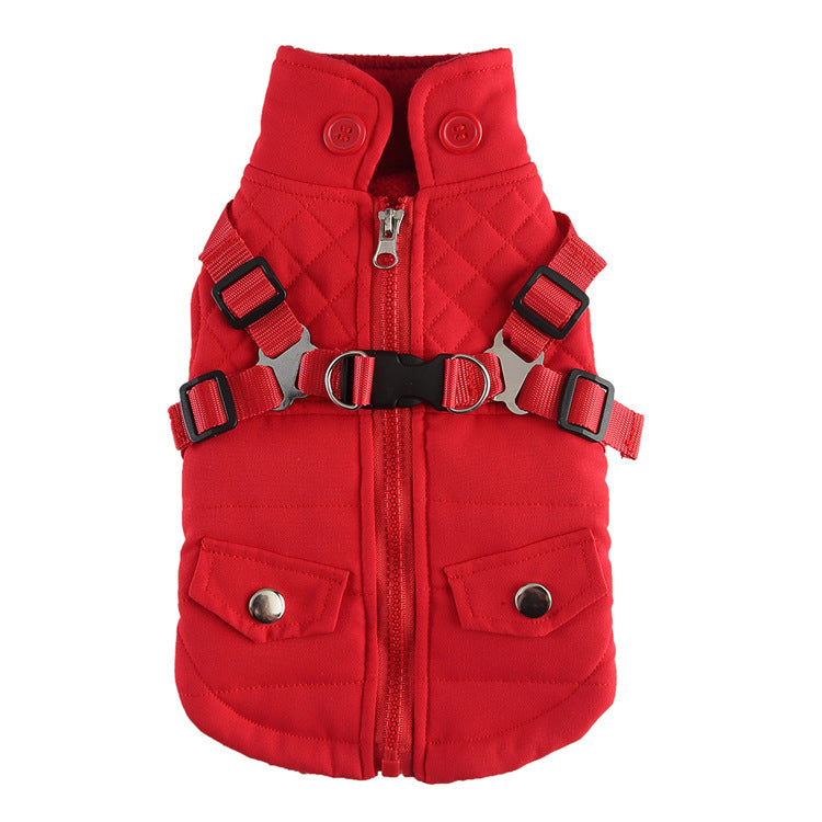 Red dog vest with harness on a white background