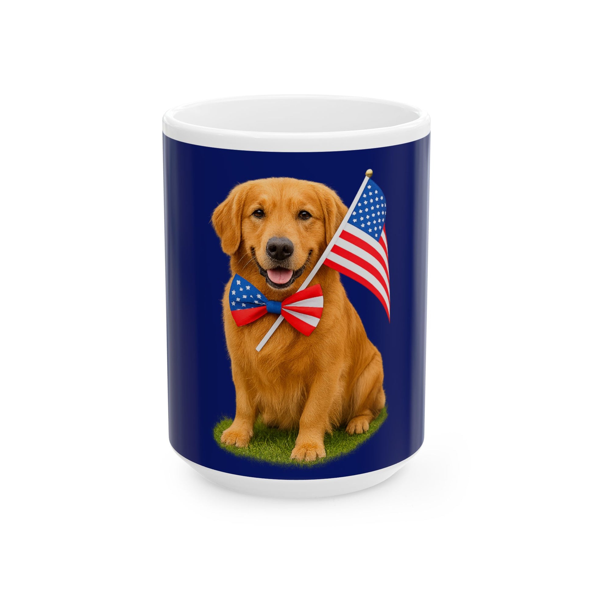 Mug with a golden retriever holding an American flag on a blue background