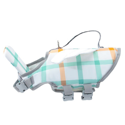 Pet life jacket with plaid pattern on a white background