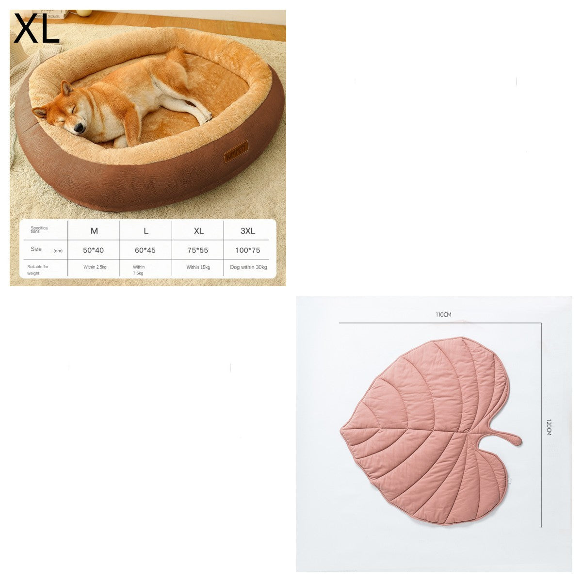 Dog lying in a brown pet bed with size chart and pink leaf-shaped mat on a white background
